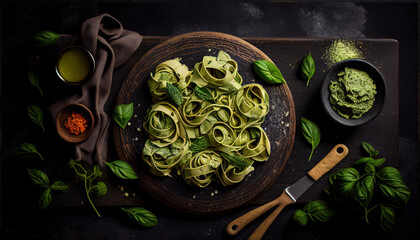 Pesto Pasta Love: Raw Tagliatelle with Pesto on Dark Table - Perfect for Italian Food Background and Vegan or Gluten-Free Diet Concepts. Generative AI
