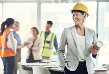Senior architect, leader woman and office with drawing, team or vision for construction project for...