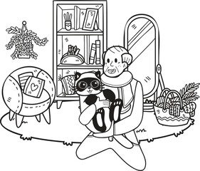 Hand Drawn Elderly holding a cat illustration in doodle style
