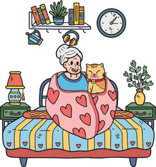 Hand Drawn Elderly holding a cat illustration in doodle style