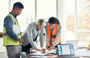 Architecture, collaboration and planning with people and blueprint in office for construction,...