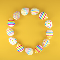 3d render of 13 colorful easter eggs on orange background. - Vacation background