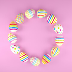 3d render of 13 colorful easter eggs on pink background. - Vacation background