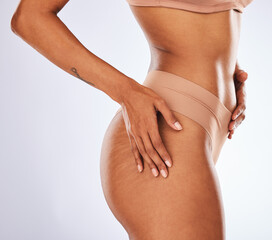 Woman, stretch marks and underwear in studio for beauty, dermatology spa and skincare wellness....