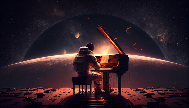 Astronaut playing piano in the universe, generative ai