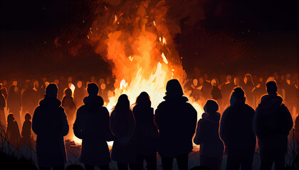 Crowd of people in silouethe watching easter fire, generative ai