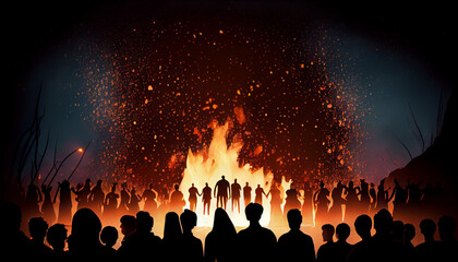 Crowd of people in silouethe watching easter fire, generative ai