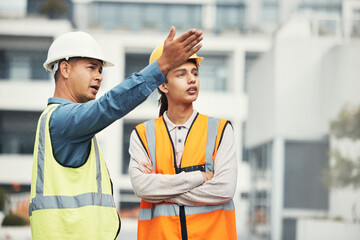 Teamwork, engineering and talking with people on construction site for project management, building...