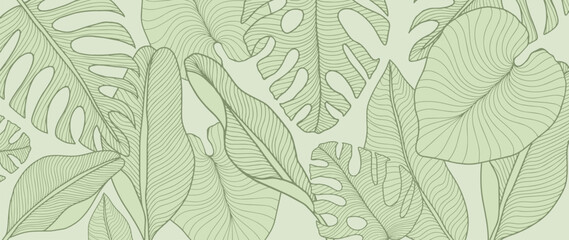 Green tropical vector illustration with palm leaves, monstera, banana leaves for decor, backgrounds, covers, designs - obrazy, fototapety, plakaty