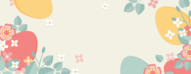Easter abstract background in flat style with pastel spring flowers and eggs. Vector illustration