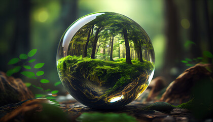 Glass marble sphere earth with a forest in background, generative ai