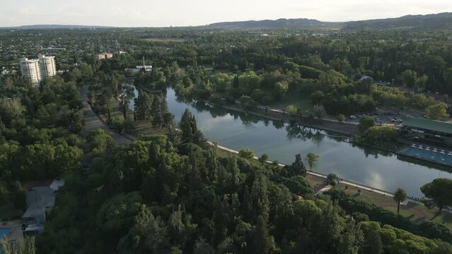 San Martin Park in Mendoza, Argentina, Aerial Drone Above Lake, Green Cityscape of the Andean Urban Landscape, Famous Wine Route Destination