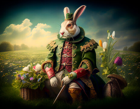 Generative AI illustration of the easter bunny, dressed as a lord, sitting near a basket of spring flowers on a field, blue sky above with fluffy clouds