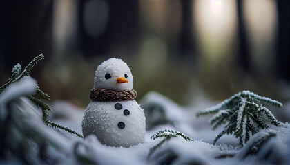 Obraz premium Small snowman at winter day in front of forest, generative ai