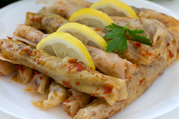 Lahana Sarma, Turkish traditional food,a boiled cabbage leaf that is formed into a roll with a stuffing of rice