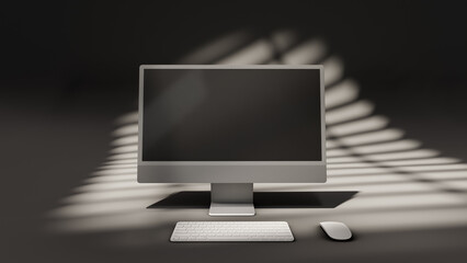 All in one 24 inch computer display with blank screen, wireless mouse and keyboard on a neutral background for creating mockup