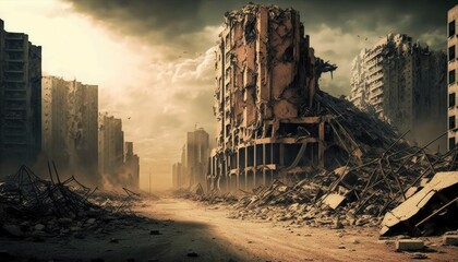 The End of Civilization: A Post-Apocalyptic View of a Destroyed City, AI generative
