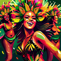 Obraz na płótnie Canvas Rio de Janeiro Carnival Party Illustration Generative AI, close-up woman in Tropical Exotic Festival Costume. Stylized art of a brazilian samba dancer
