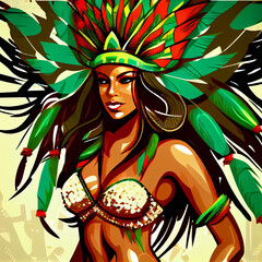 Rio de Janeiro Carnival Party Illustration Generative AI, close-up woman in Tropical Exotic Festival Costume. Stylized art of a brazilian samba dancer