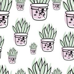 Seamless pattern Cute happy funny succulents plants
