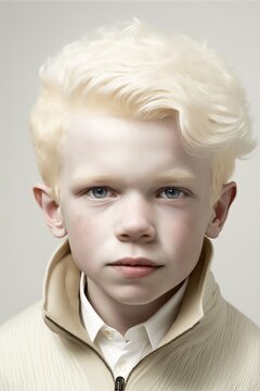 Vertical photo realistic portrait of young albino boy with short white hair looking at camera, Generative AI