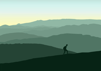 silhouette of a person in the mountains in the morning, vector illustration.