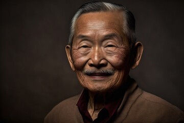 Fototapeta premium Photo realistic portrait of senior Asian man looking at camera and smiling against textured studio background, generative AI