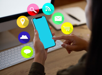 Phone app hologram, mockup green screen or hands in office for social media, networking or reading...