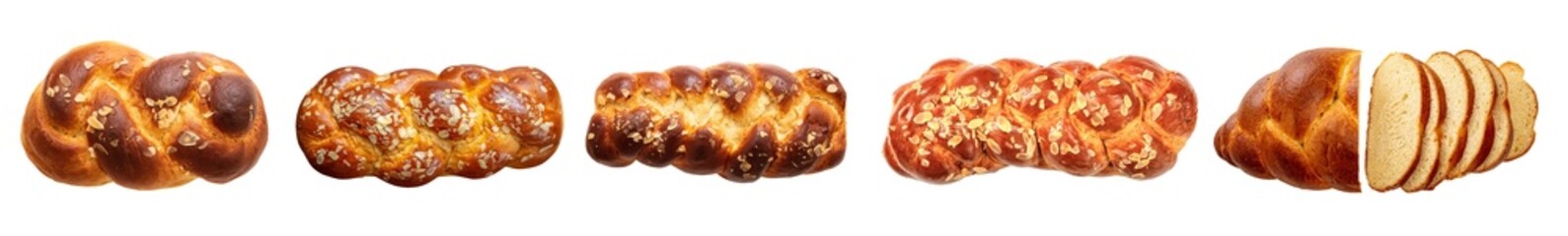 Easter greek tsoureki braid variety, sweet round bread brioche overhead isolated on transparent background, banner. PNG