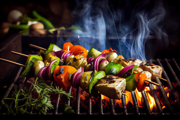 Grilled vegetable and meat skewers on BBq grid.. BBQ kebab. Smoke and flames on dark background. Generative AI