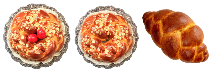 Easter greek tsoureki braid variety, sweet bread brioche overhead isolated on transparent background. PNG