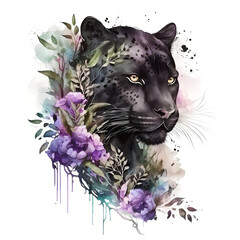 Obraz premium Watercolor black panther with purple flowers illustration. AI generative.