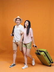 young Asian couple travel concept background