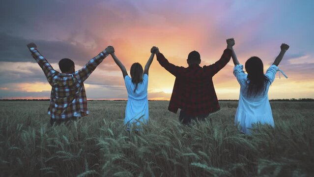 four people are holding and raising hands up standing in golden field in sunset or sunrise time, rear view, teamwork in business, two men and two women business partners, togetherness and supporting