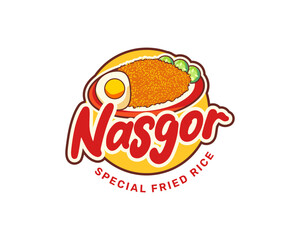Hand drawn Logo Illustration of Nasi Goreng on a Plate with Cucumber Slices and egg