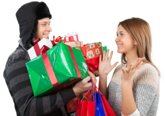 A man gives a girl a lot of gifts isolated on white background