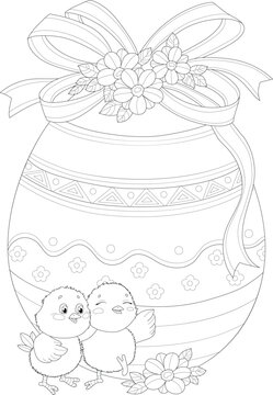 Cute cartoon chickens with Easter egg with bow and flowers template sketch. Spring holiday season vector illustration in black and white for games. Coloring paper, page, story book. Print for fabrics 