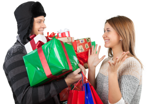A man gives a girl a lot of gifts isolated on white background