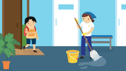 Man and woman cleaning the house. Vector illustration in flat style.