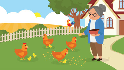 Elderly woman with chicken on the farm. Vector illustration.
