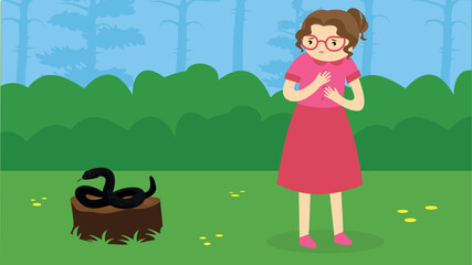Obraz na płótnie Canvas Vector illustration of a woman in the park with a snake on a stump