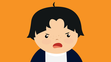 Cute boy with angry facial expression on orange background. Vector illustration.