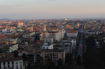 Fototapeta premium Panoramic view of the city of Bergamo, Italy during sunset with beautiful stone buildings and blue sky in the Italian region of Lombardy