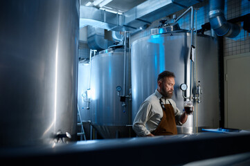 Brewery factory owner examining quality of craft beer