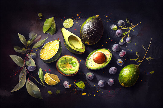 Avocado on a dark background, with rich colors and contrast, still life generative ai illustration
