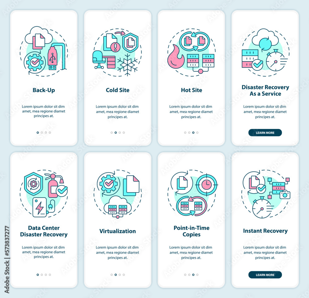 Poster disaster recovery onboarding mobile app screens set. walkthrough 4 steps editable graphic instructio