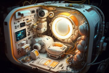 A detailed illustration of the cutting-edge equipment used by astronauts in their exploration of the cosmos, evoking a sense of scientific wonder and technological advancement, illuminated by the star