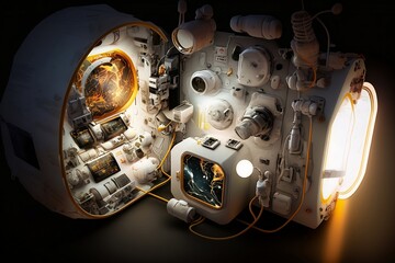 A detailed illustration of the cutting-edge equipment used by astronauts in their exploration of the cosmos, evoking a sense of scientific wonder and technological advancement, illuminated by the star