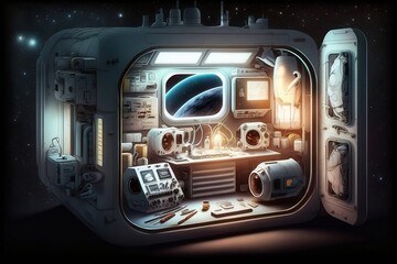 A detailed illustration of the cutting-edge equipment used by astronauts in their exploration of the cosmos, evoking a sense of scientific wonder and technological advancement, illuminated by the star