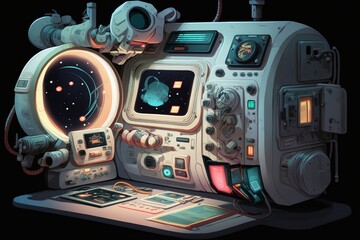 A detailed illustration of the cutting-edge equipment used by astronauts in their exploration of the cosmos, evoking a sense of scientific wonder and technological advancement, illuminated by the star